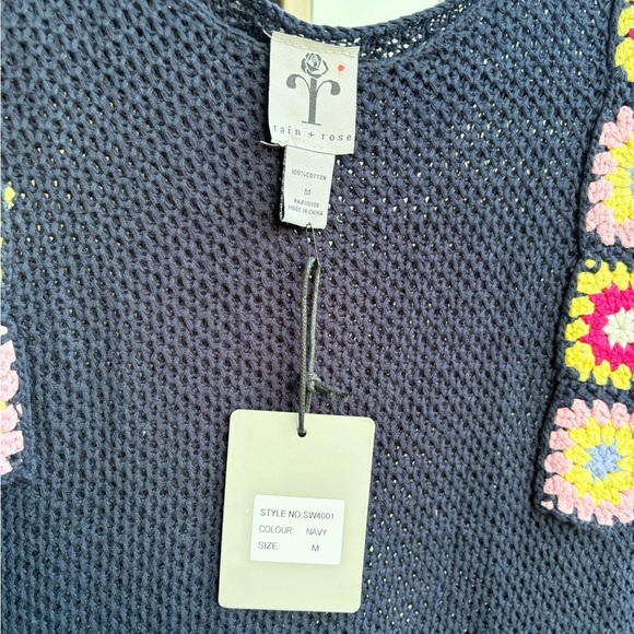 🆕Rain+Rose Navy Crochet Granny Square Sweater Top SizeM Boho Cottagecore Cotton - Picture 9 of 11